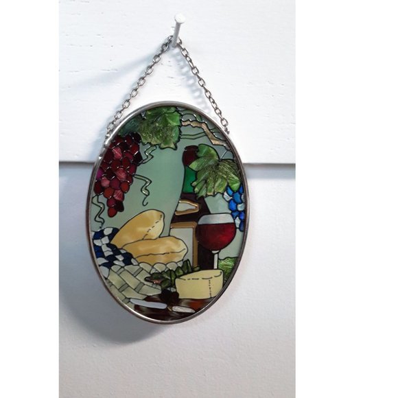 Wine🍷 and Cheese🧀 Handpainted Glass Suncatcher☀ by Joan Baker Designs ✨ - Picture 2 of 5